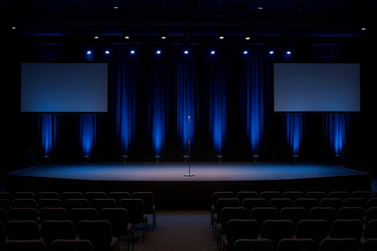 keynote buehne dunkel zwei monitore