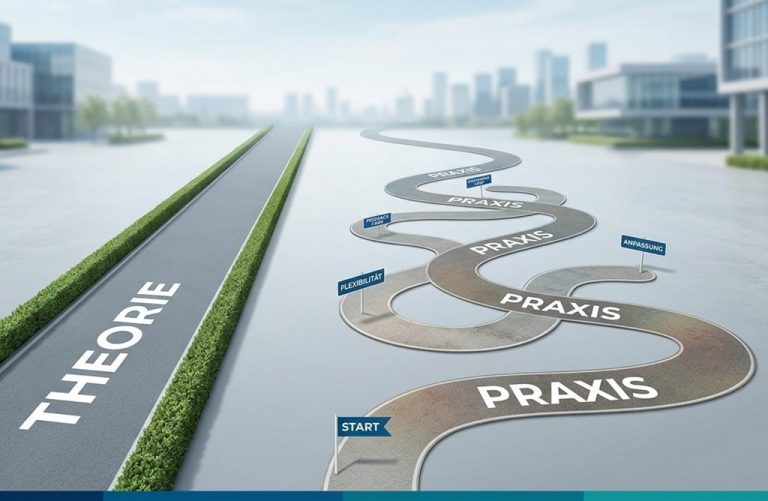 Links Abbildung einer geraden Straße mit der Bezeichnung Theorie. Rechts dann eine sehr kurvige und verwirrende Straße, welche die Praxis darstellt