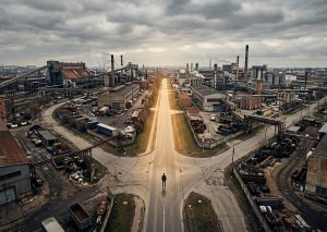 Wide aerial photograph of a single person standing at an unmarked crossroads in a dense industrial district, one clear illuminated road ahead, multiple shadowy unclear paths branching off to the sides, overcast dramatic sky with a single beam of warm directional light on the main path, no signs or text, metaphor for choosing the right direction under uncertainty, professional editorial photography, muted urban tones with warm accent, 16:9 wide format, no people faces visible
