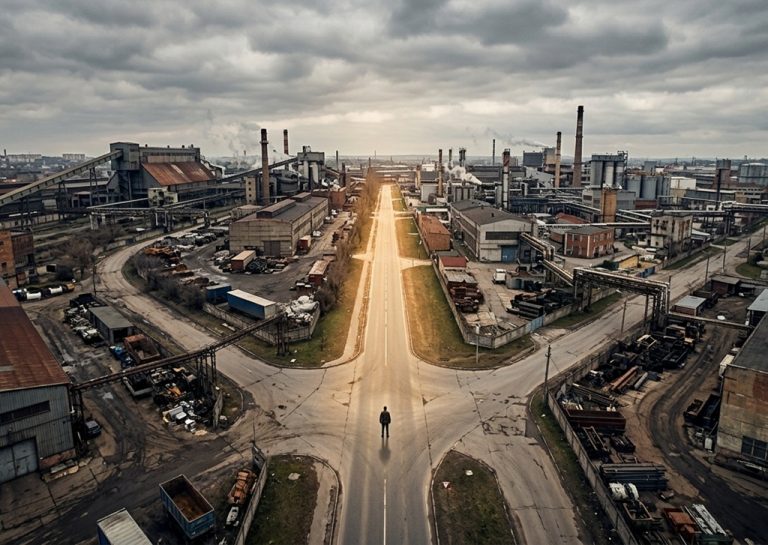 Wide aerial photograph of a single person standing at an unmarked crossroads in a dense industrial district, one clear illuminated road ahead, multiple shadowy unclear paths branching off to the sides, overcast dramatic sky with a single beam of warm directional light on the main path, no signs or text, metaphor for choosing the right direction under uncertainty, professional editorial photography, muted urban tones with warm accent, 16:9 wide format, no people faces visible