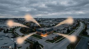 Wide aerial photograph of a small business office building surrounded by five faint, softly glowing pressure points of light pressing in from different directions across an otherwise calm industrial landscape, overcast sky, muted cool tones with a single warm accent light on the building itself, no people, no text, professional editorial photography, metaphor for a company facing multiple simultaneous pressures, 16:9 wide format